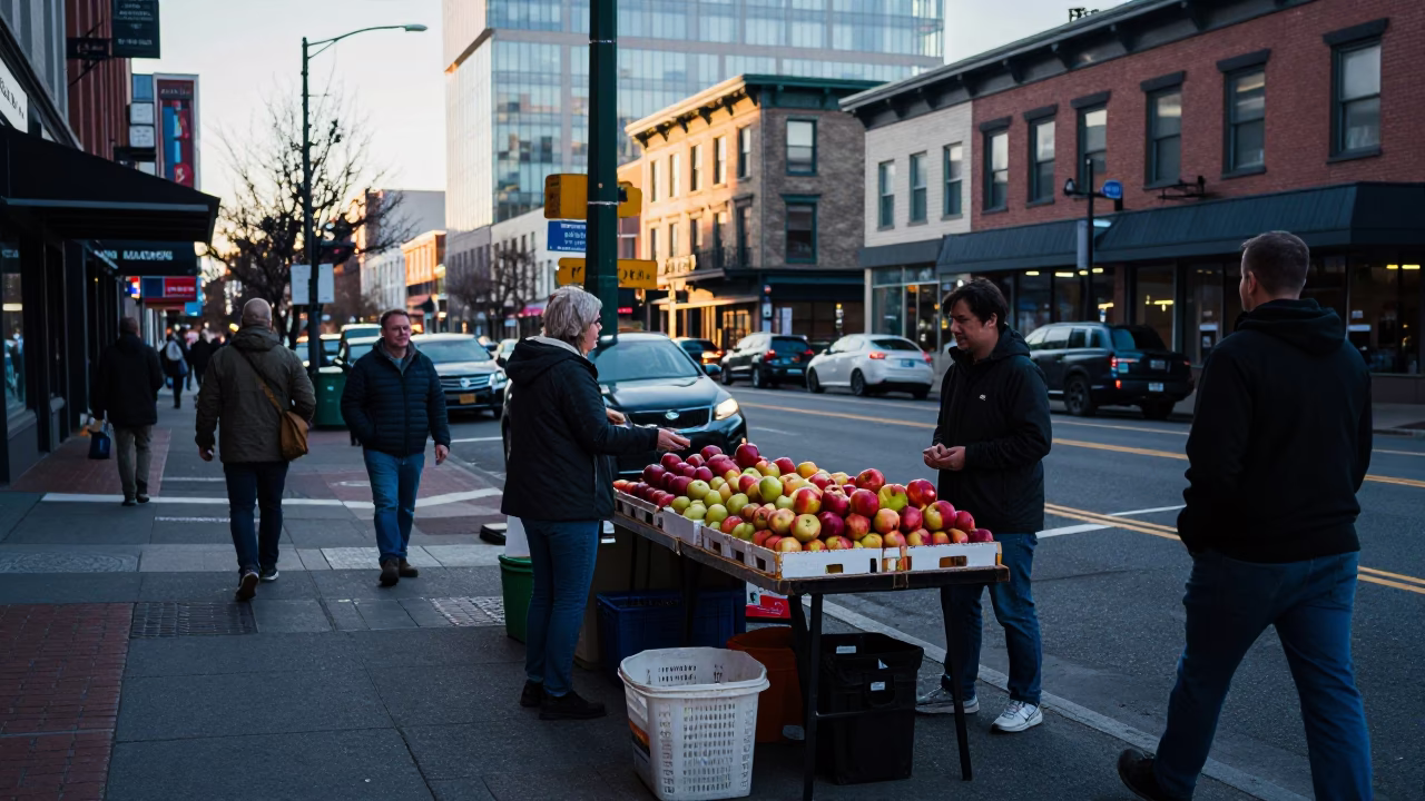 Early Morning Portland Street Scene with Local Vendor and Urban Elements in in Portland, Oregon, United States