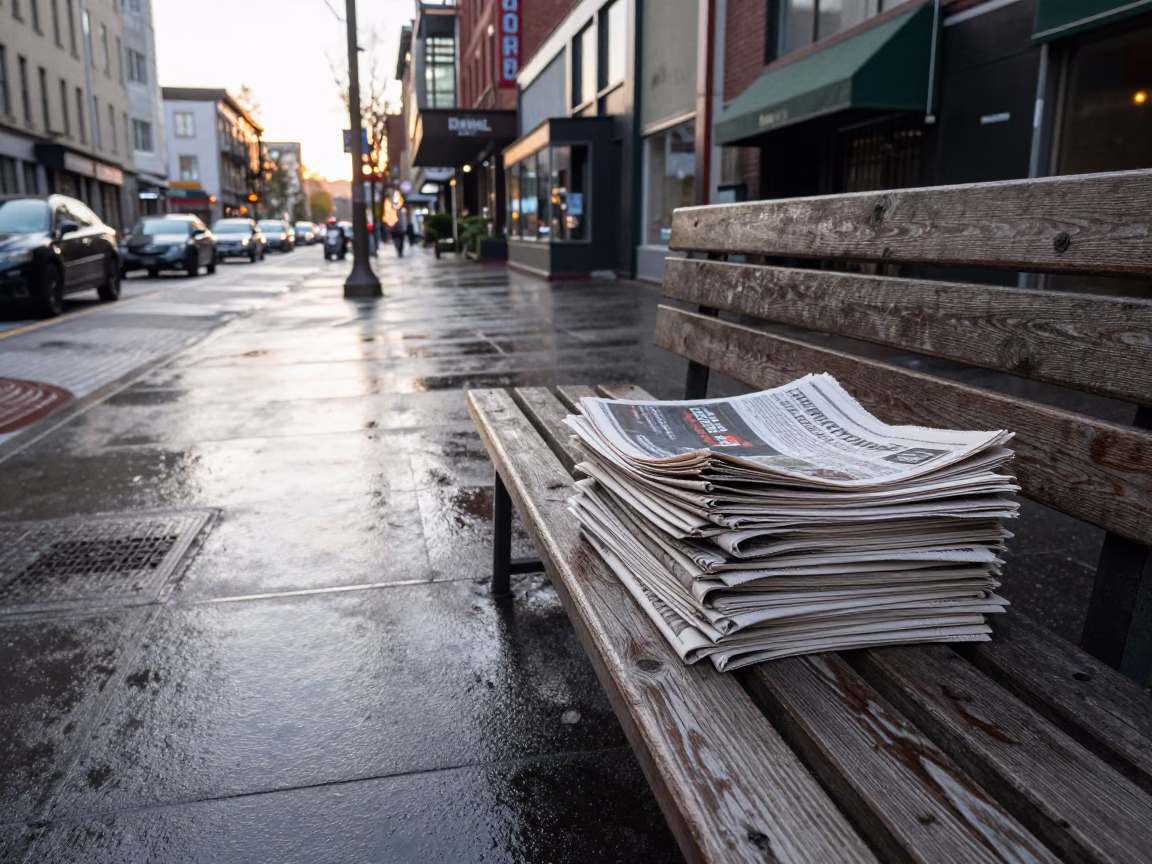 Early Morning Portland Street Scene with Newspaper Stack and Rusty Basin in in Portland, Oregon, United States