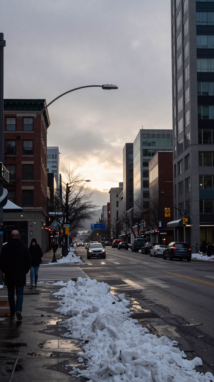 Early Morning Portland Street Scene with Snow and Urban Details in in Portland, Oregon, United States