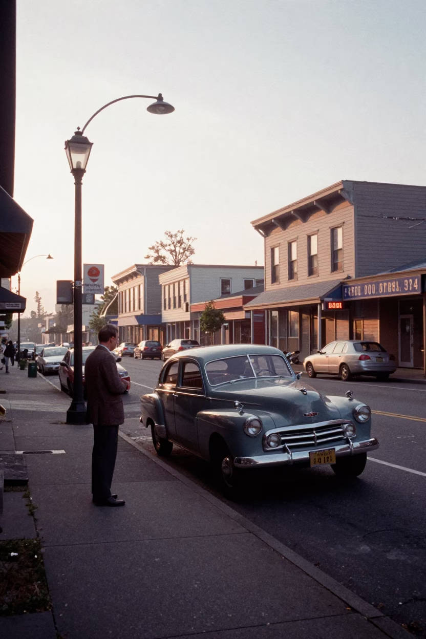 Early Morning Portland Street Scene with Vintage Car and Coffee Shop Exterior in in Portland, Oregon, United States