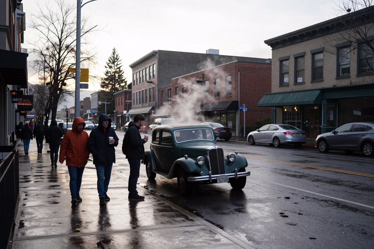 Early Morning Portland Street Scene with Vintage Car and Local Coffee Stand in in Portland, Oregon, United States