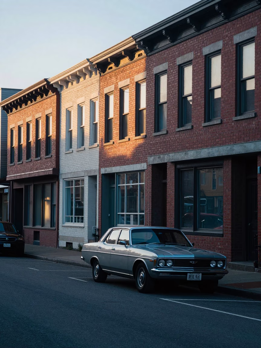 Early Morning Portland Street Scene with Vintage Car and Local Shop in in Portland, Oregon, United States