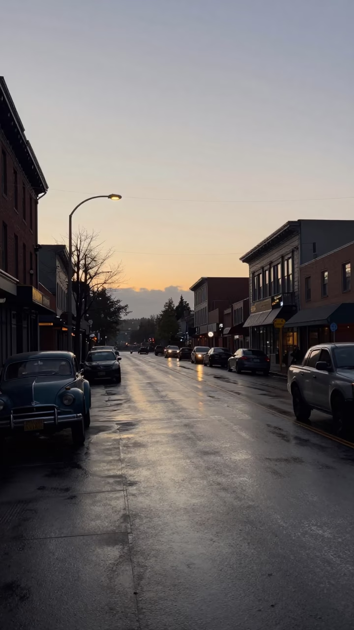 Early Morning Portland Street Scene with Vintage Cars and Brick Architecture Before Sunrise in in Portland, Oregon, United States