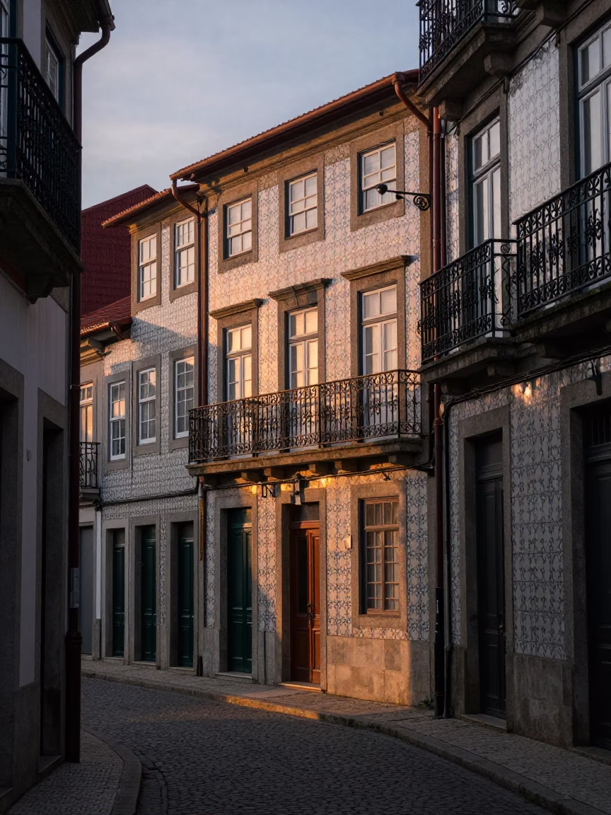 Early Morning Porto Portugal Dawn Light Street Scene with Traditional Architecture and Local Atmosphere in in Porto, Portugal