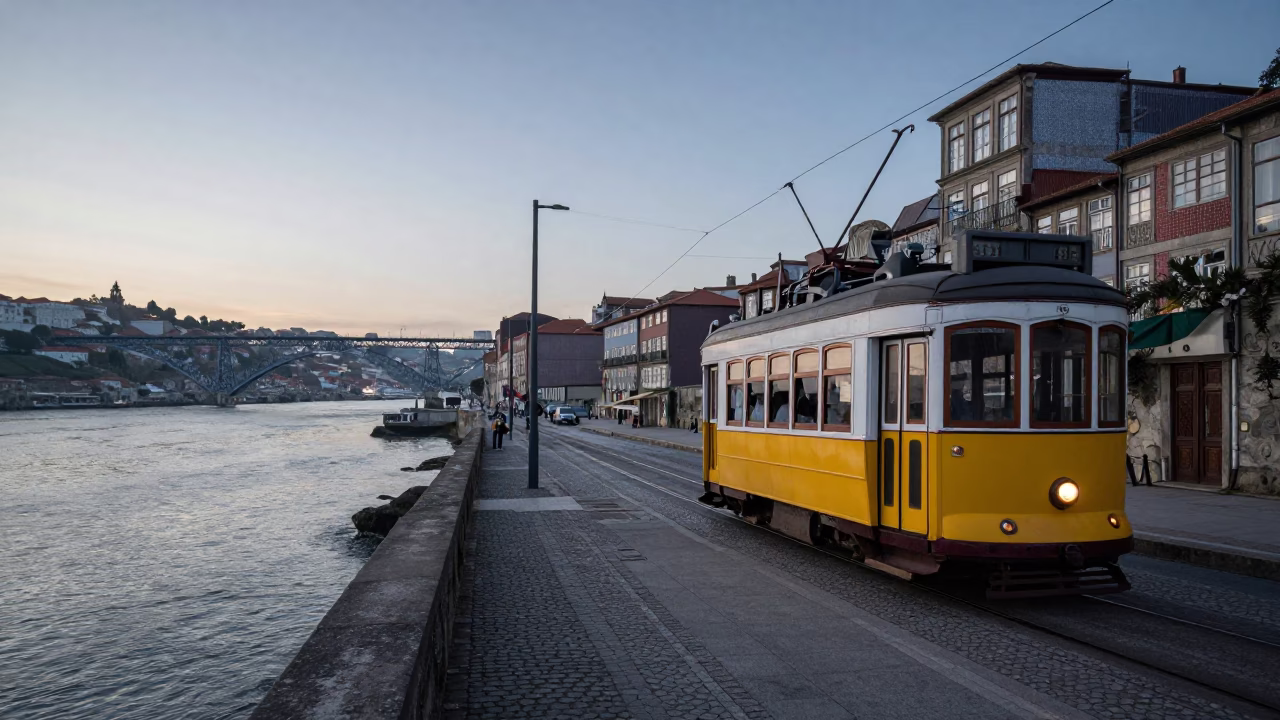 Early Morning Porto Portugal Riverfront Street Scene Before Sunrise in in Porto, Portugal