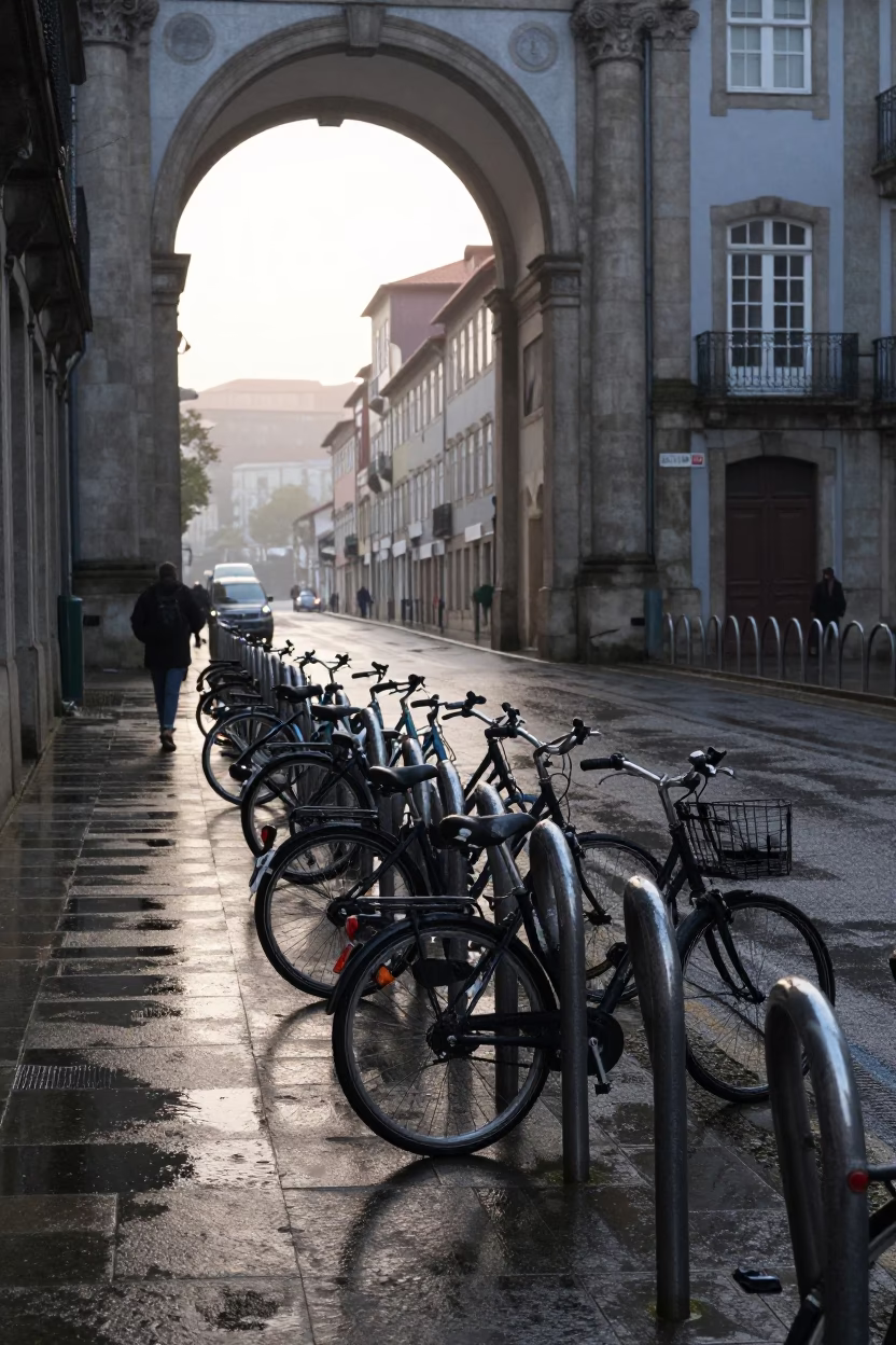 Early Morning Porto Portugal Street Scene with Bicycle Rack and Viaduct Shadow in in Porto, Portugal