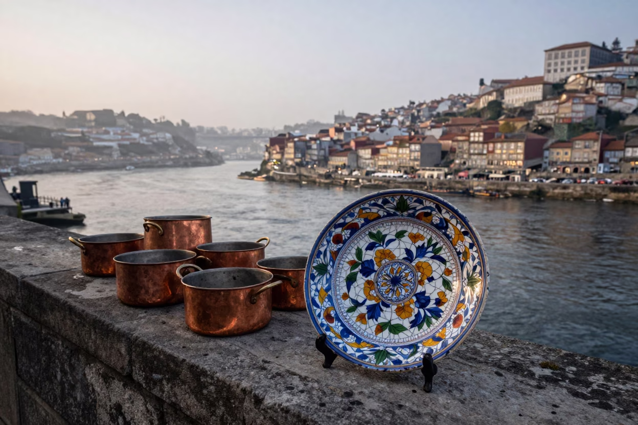 Early Morning Porto Riverfront with Vintage Majolica Plate and Copper Pots Catching Dawn Light in in Porto, Portugal