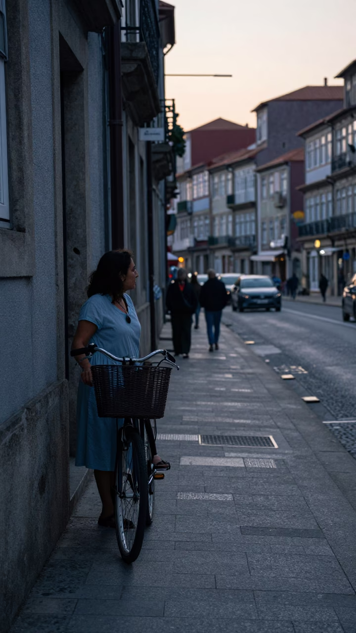 Early Morning Porto Street Scene with Bicycle Basket and Watering Jug Before Sunrise in in Porto, Portugal