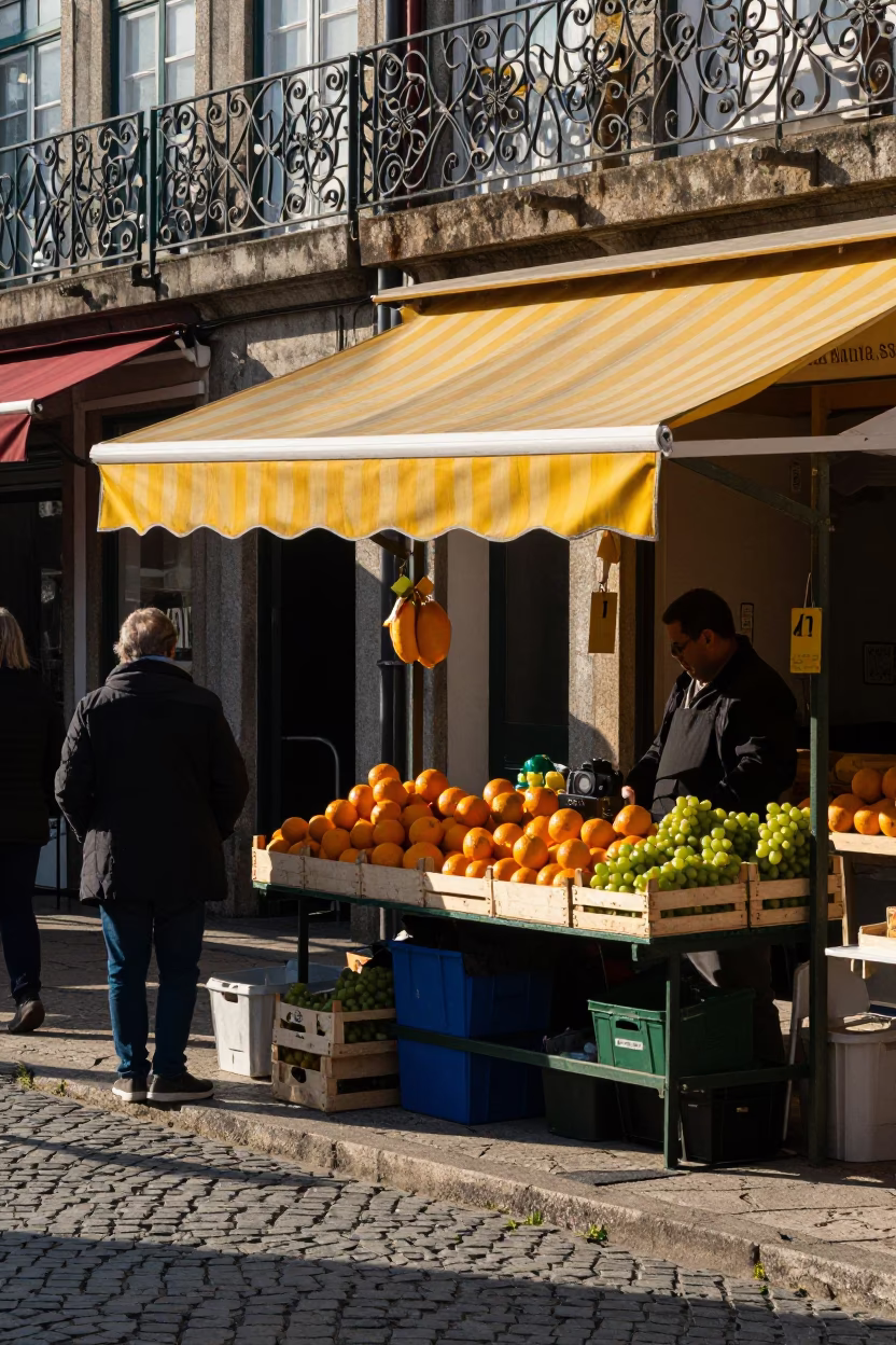 Early Morning Porto Street Scene with Colorful Awning and Local Market Vendor in in Porto, Portugal