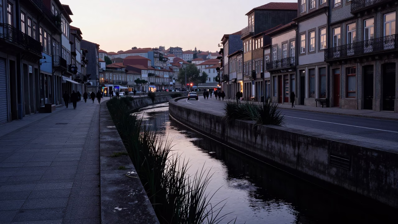 Early Morning Porto Street Scene with Concrete Canal and Reeds Before Sunrise in in Porto, Portugal