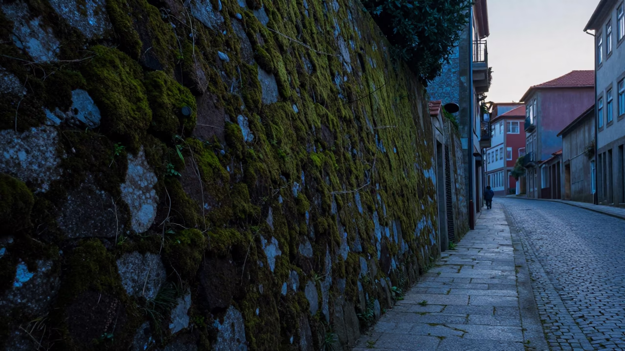 Early Morning Porto Street Scene with Mossy Stone Walls and Glass Bottles Before Sunrise in in Porto, Portugal
