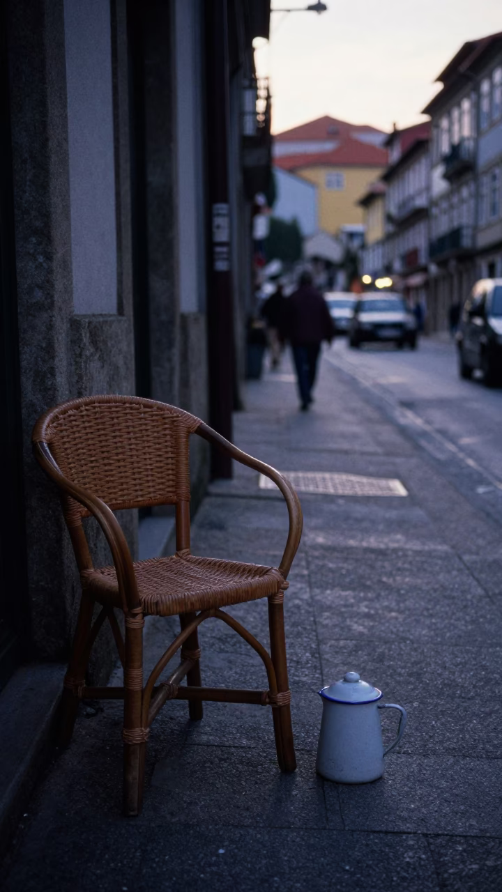 Early Morning Porto Street Scene with Rattan Chair and Enamel Pitcher in in Porto, Portugal