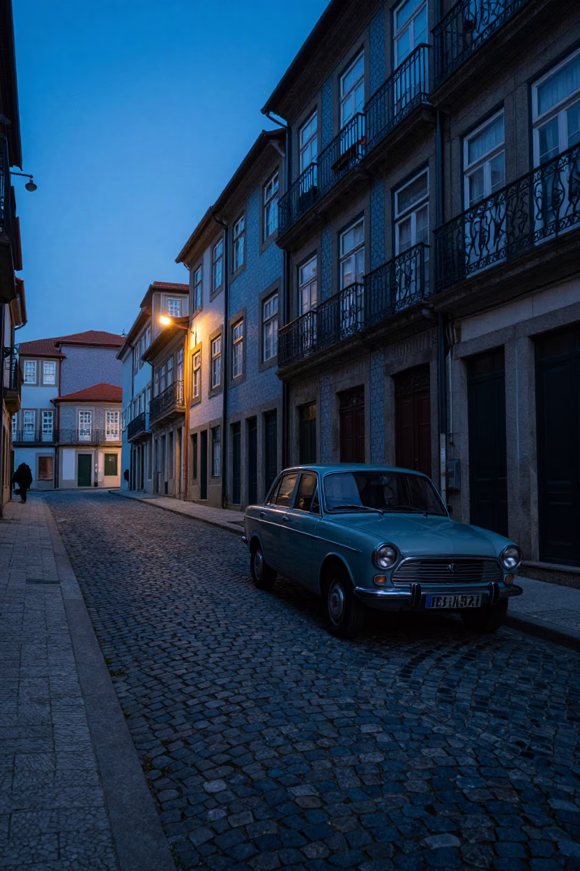 Early Morning Porto Street Scene with Vintage Car and Cobblestones Before Dawn in in Porto, Portugal