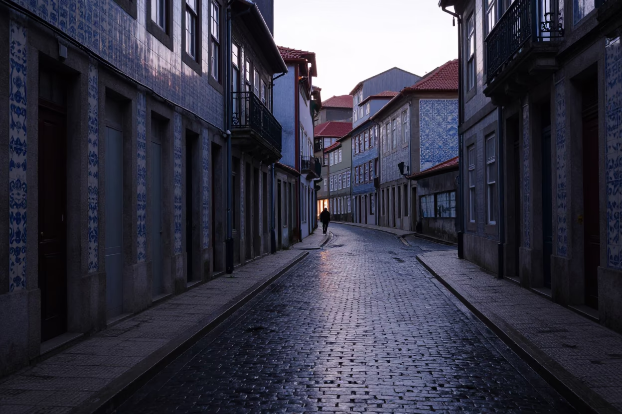 Early Morning Porto Street Scene with Wet Cobblestones and Glass Bottles in in Porto, Portugal