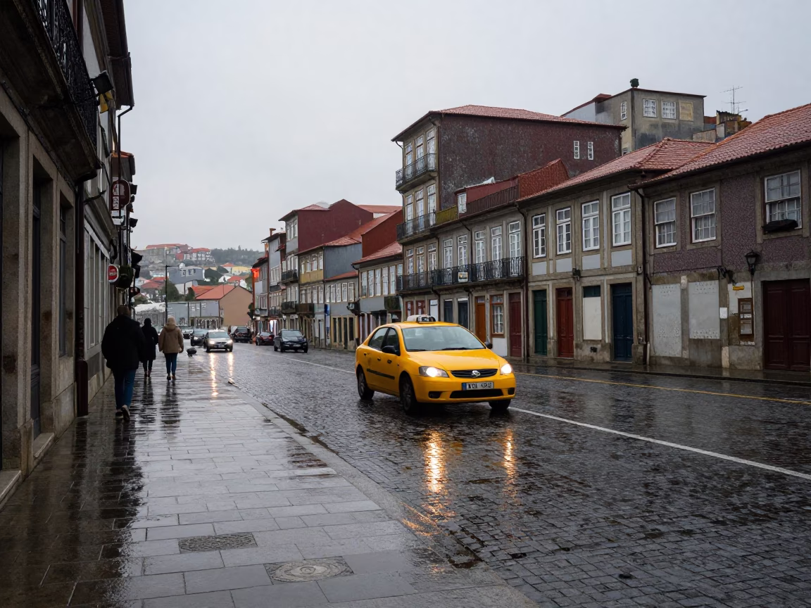 Early Morning Porto Street Scene with Yellow Taxi and Rainy Cobblestones in in Porto, Portugal