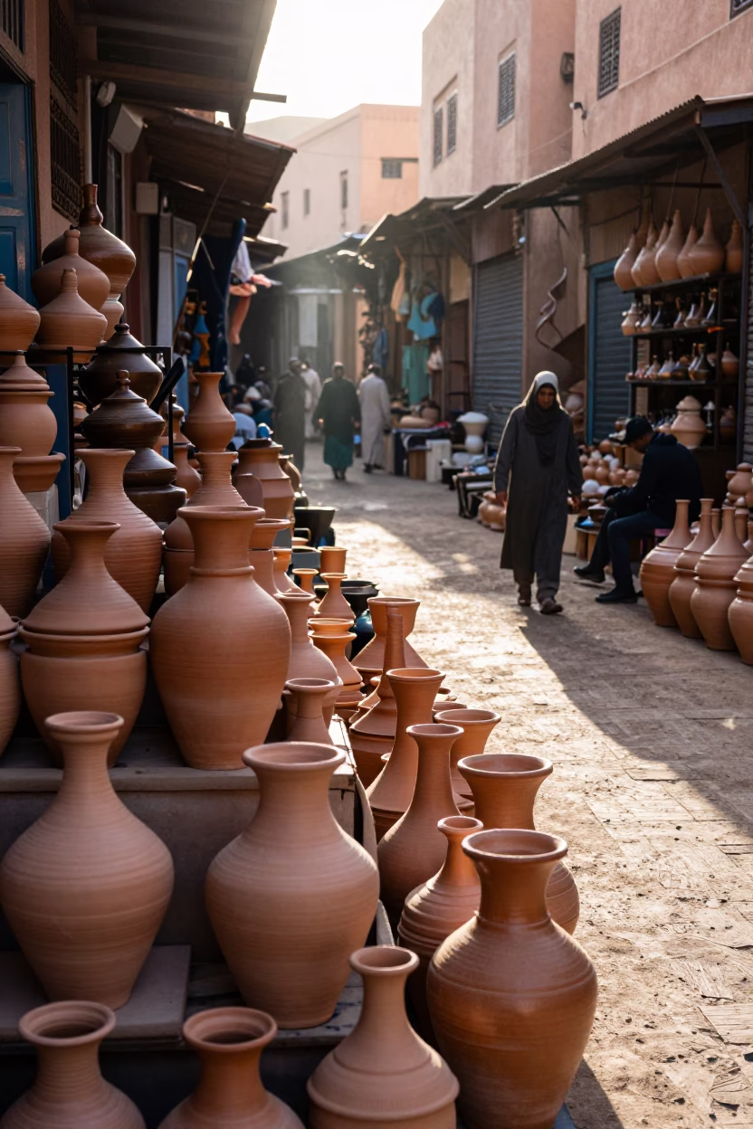 Early Morning Pottery Market in Marrakech Morocco with Stacked Ceramic Wares in in Marrakech, Morocco