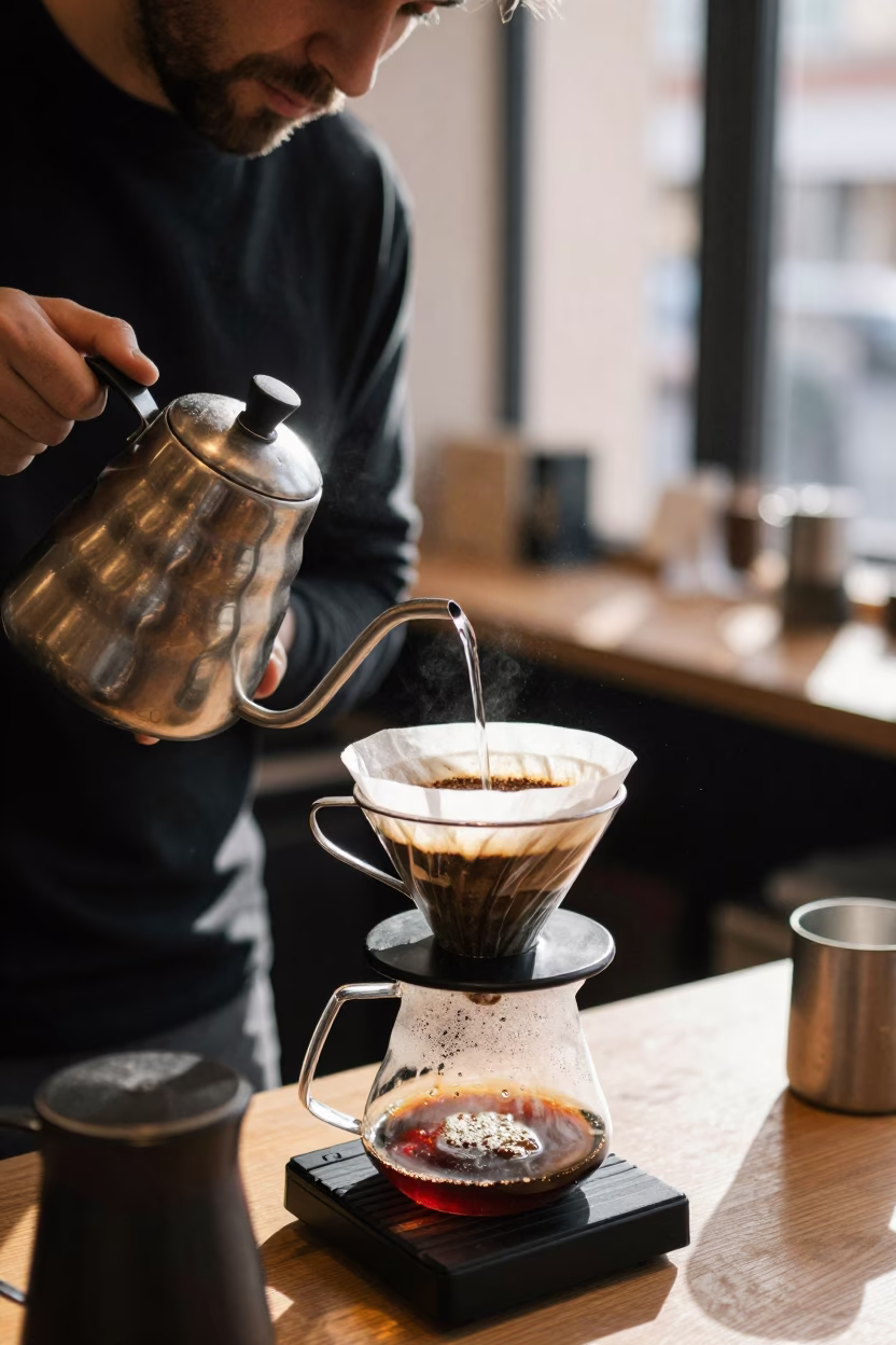 Early Morning Pour-Over Coffee Preparation in a Marseille Cafe in in Marseille, France
