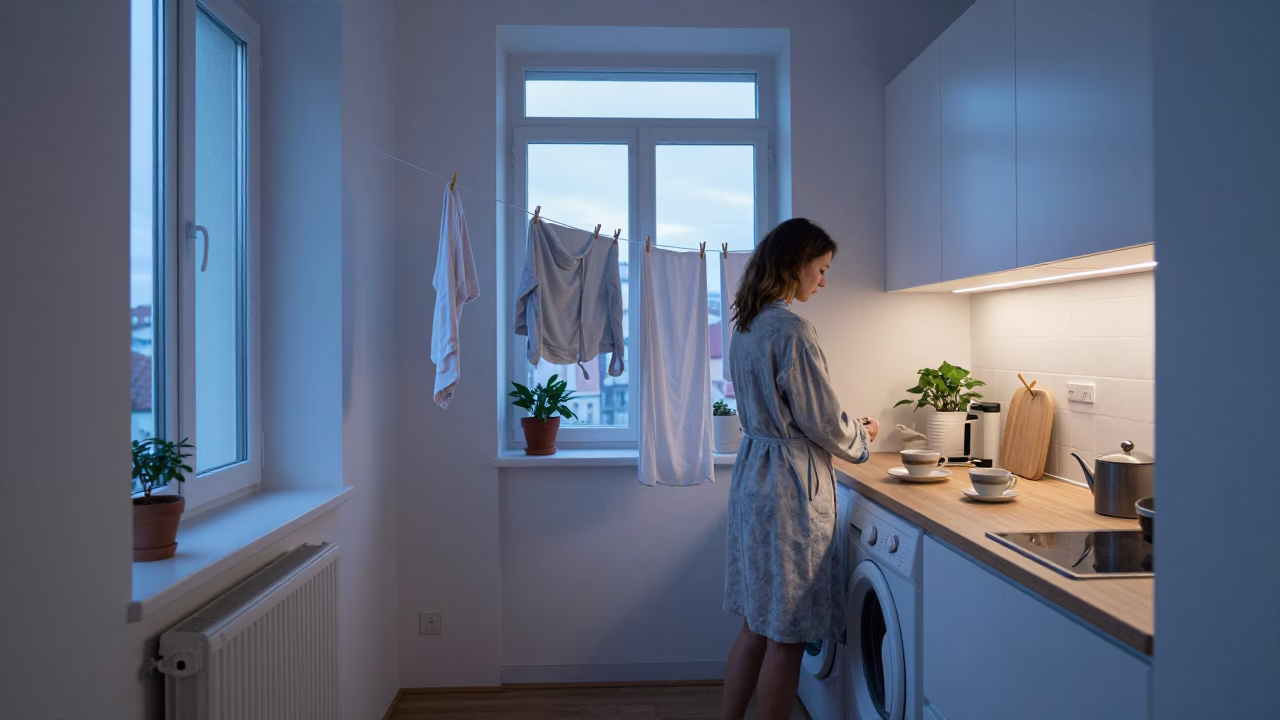 Early Morning Prague Apartment Laundry and Tea Ritual Before Dawn in in Prague, Czech Republic