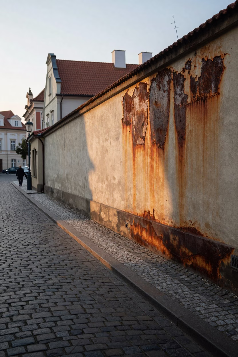 Early Morning Prague Cobblestone Street Scene with Rusty Wall and Morning Light in in Prague, Czech Republic