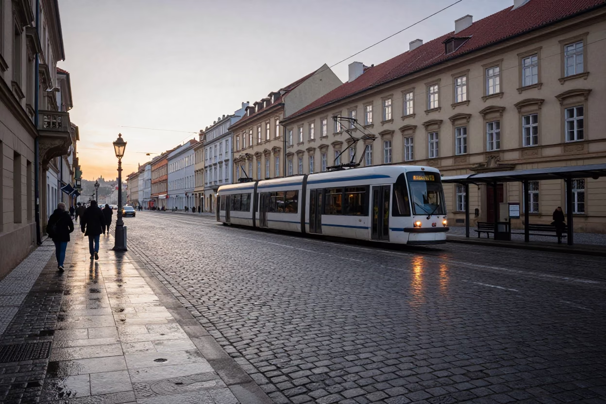 Early Morning Prague Cobblestone Street with Tram and Pedestrian Near Charles Bridge in in Prague, Czech Republic