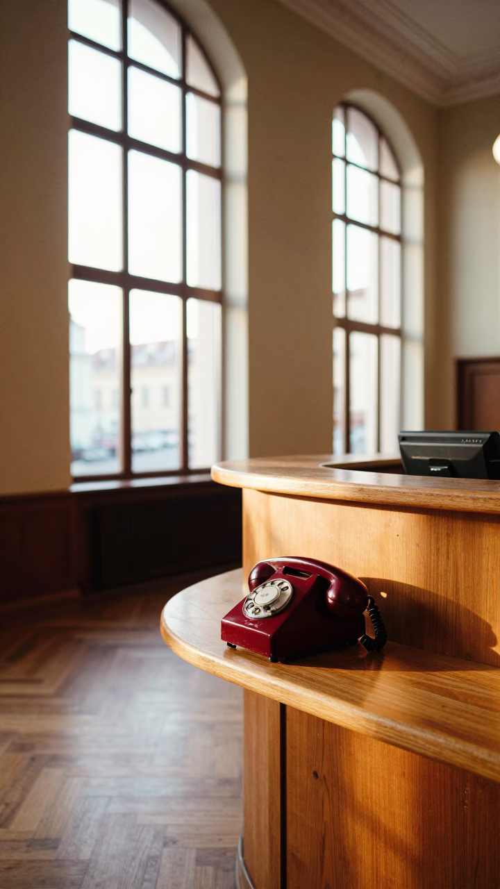 Early Morning Prague Hotel Lobby with Vintage Bakelite Telephone and Morning Light in in Prague, Czech Republic