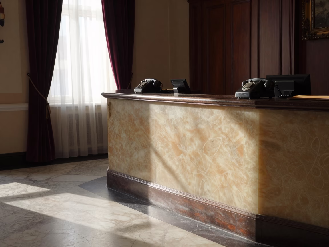 Early Morning Prague Hotel Reception Desk with Vintage Bakelite Telephone in in Prague, Czech Republic