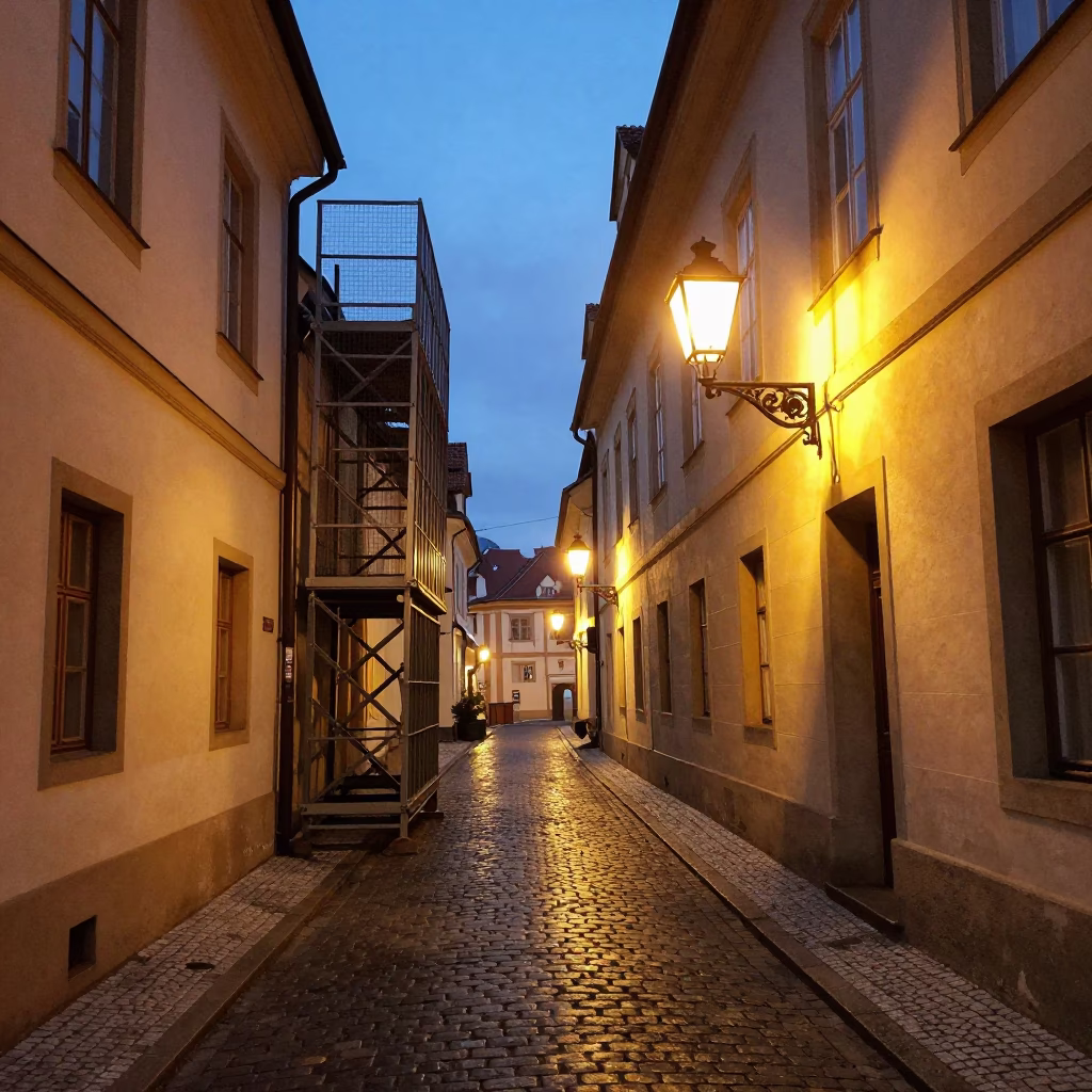 Early Morning Prague Lantern Alley with Bridge Maintenance Cage and Water Taxi Dock in in Prague, Czech Republic