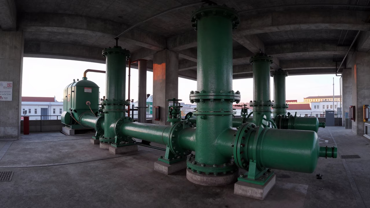 Early Morning Prague Sewage Pumping Station Interior with Massive Green Pumps in in Prague, Czech Republic