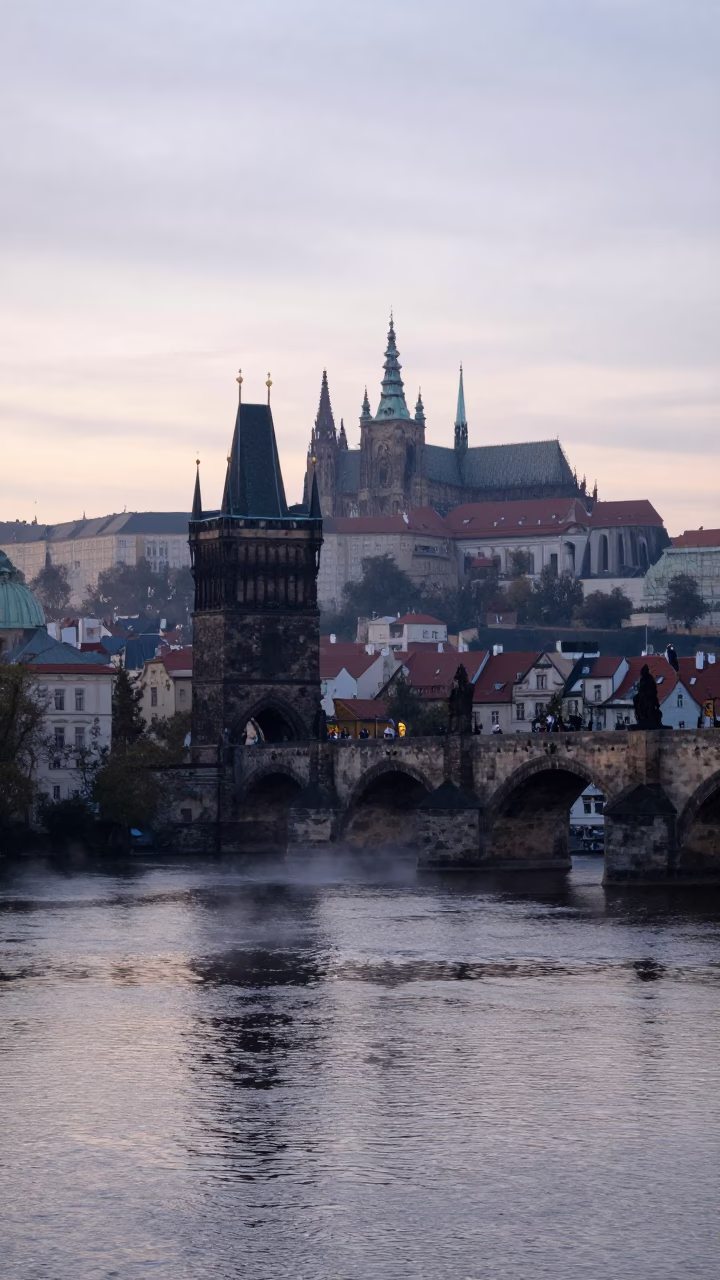 Early Morning Prague Skyline with Charles Bridge and Vltava River at Dawn in in Prague, Czech Republic