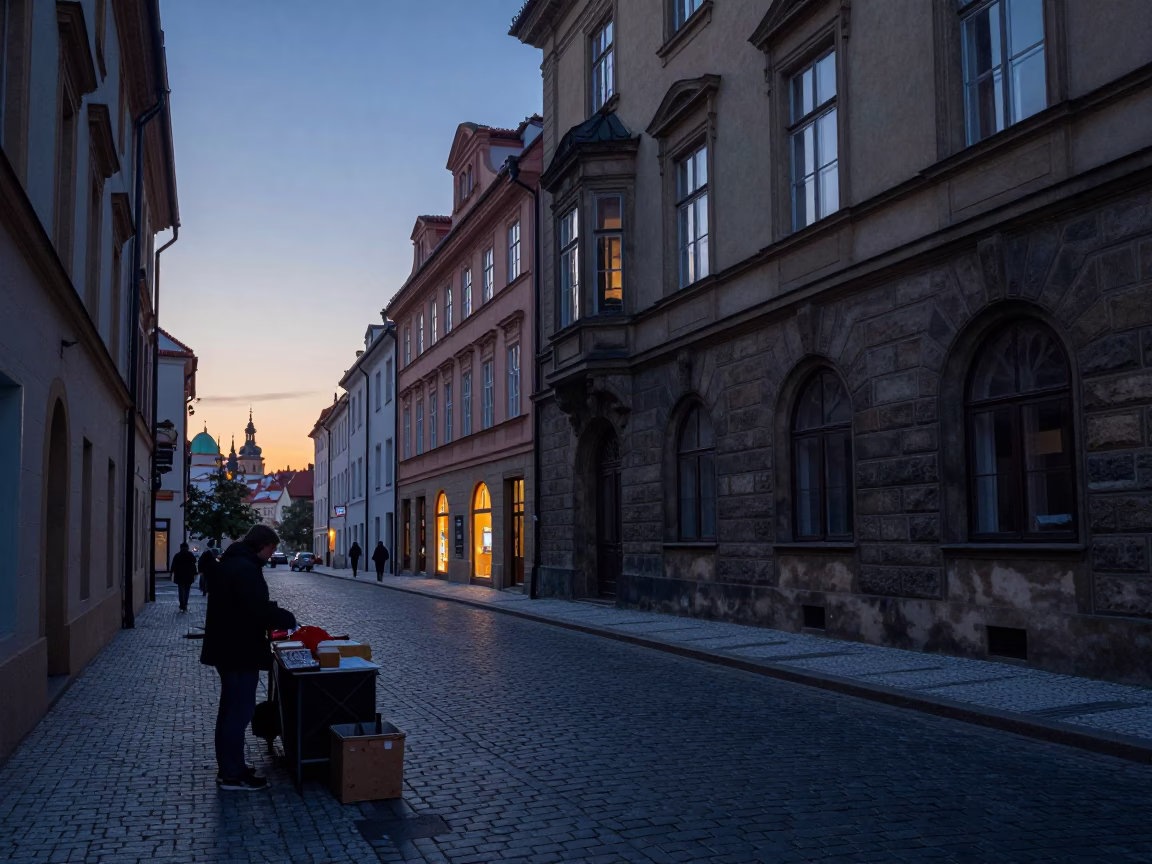 Early Morning Prague Street Scene Before Sunrise with Vendors and Pedestrians in in Prague, Czech Republic