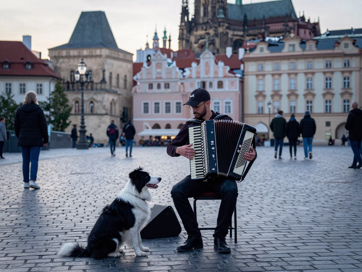 Early Morning Prague Street Scene with Accordion Player and Border Collie in Historic District in in Prague, Czech Republic