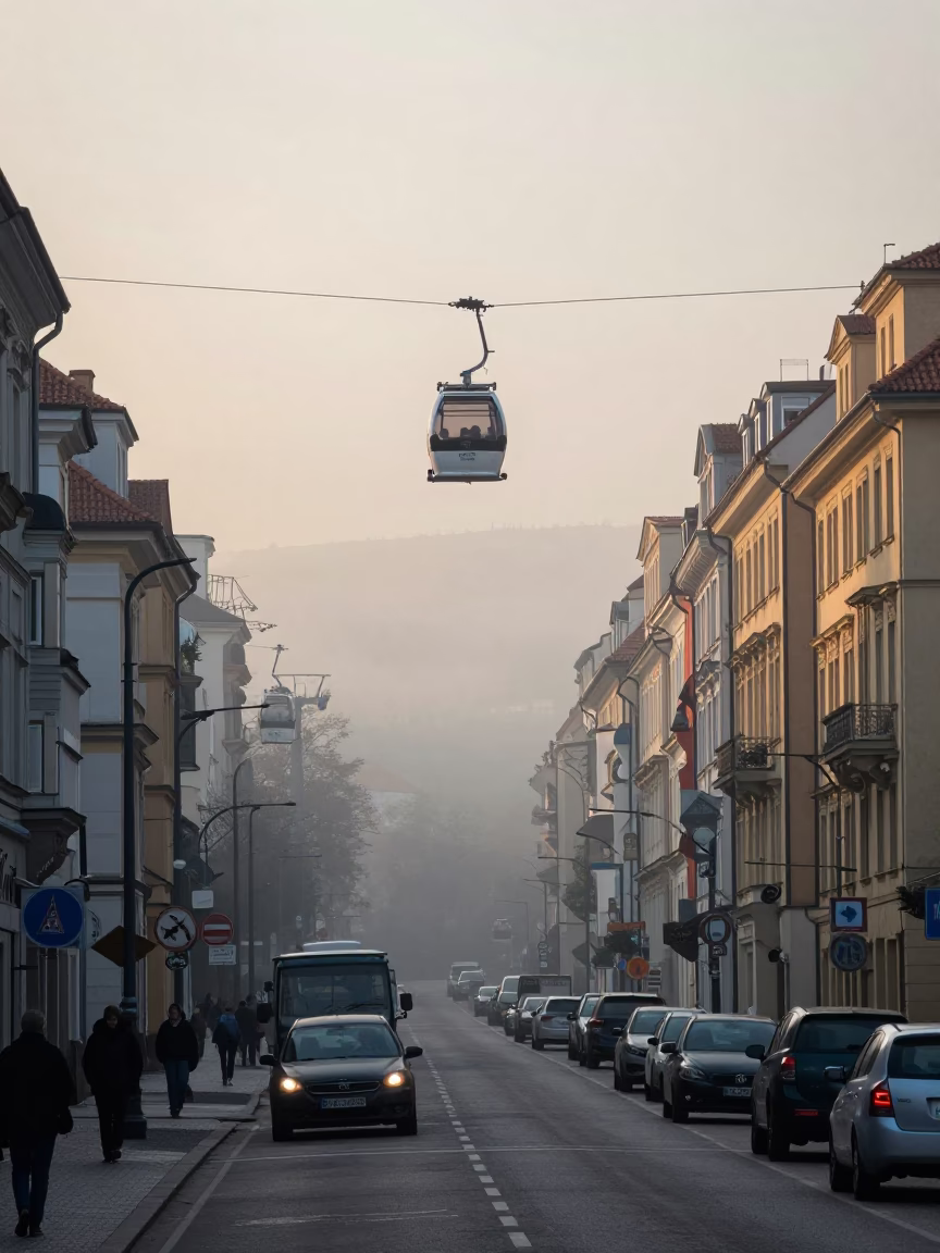 Early Morning Prague Street Scene with Aerial Tramway Gondola Above Fog in in Prague, Czech Republic