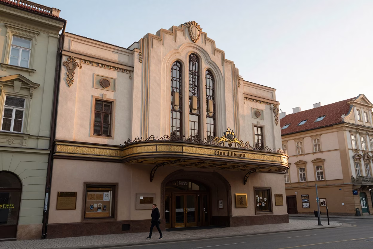 Early Morning Prague Street Scene with Art Deco Cinema Facade and Hand Mirror in in Prague, Czech Republic