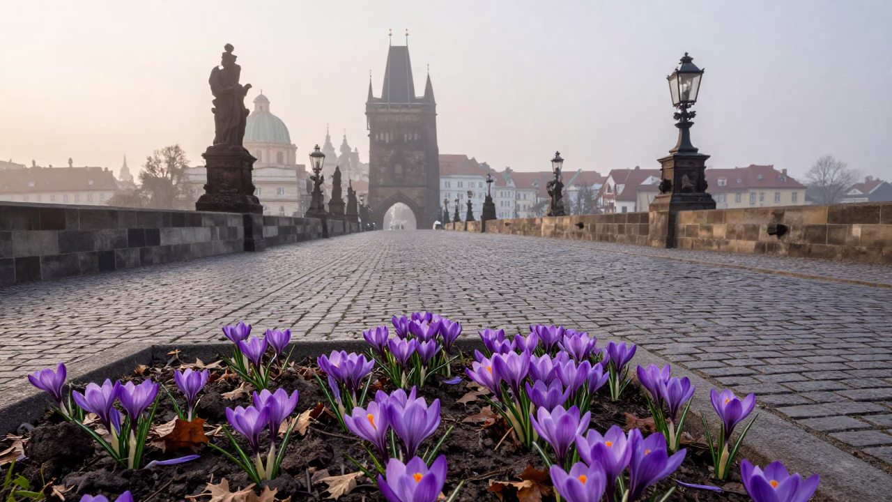 Early Morning Prague Street Scene with Autumn Crocus and Local Market Vendor in in Prague, Czech Republic
