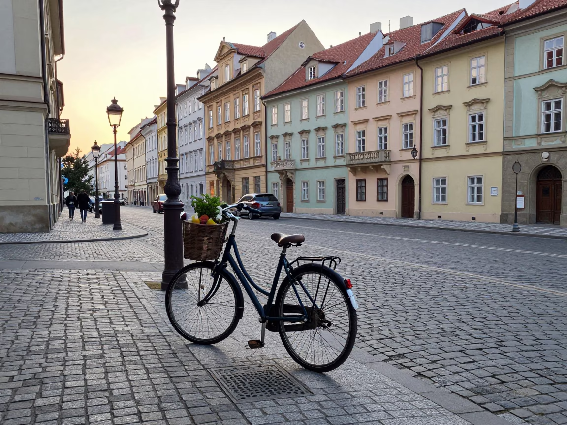Early Morning Prague Street Scene with Bicycle Basket and Heritage Architecture in in Prague, Czech Republic