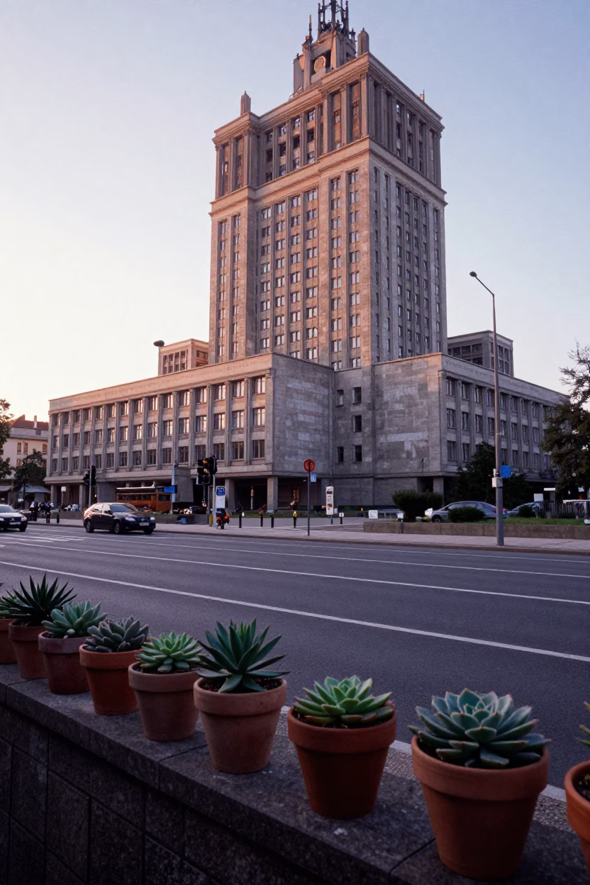 Early Morning Prague Street Scene with Brutalist University Building and Succulents in in Prague, Czech Republic