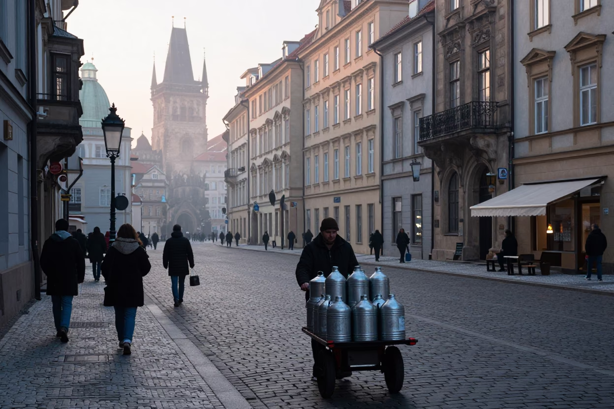 Early Morning Prague Street Scene with Canisters and Urban Details Before Sunrise in in Prague, Czech Republic