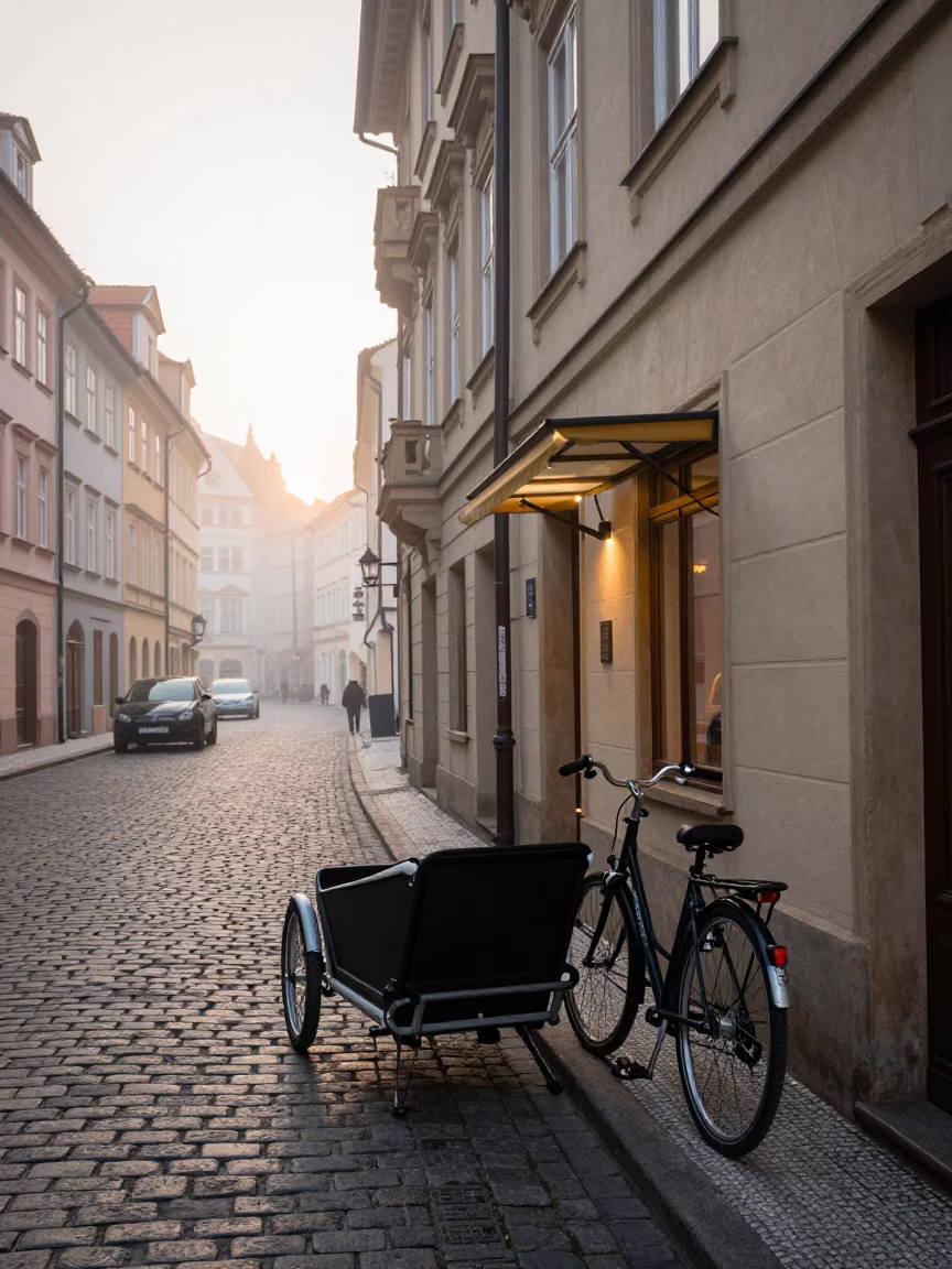 Early Morning Prague Street Scene with Cargo Bicycle and Rusty Shelf Bracket in in Prague, Czech Republic