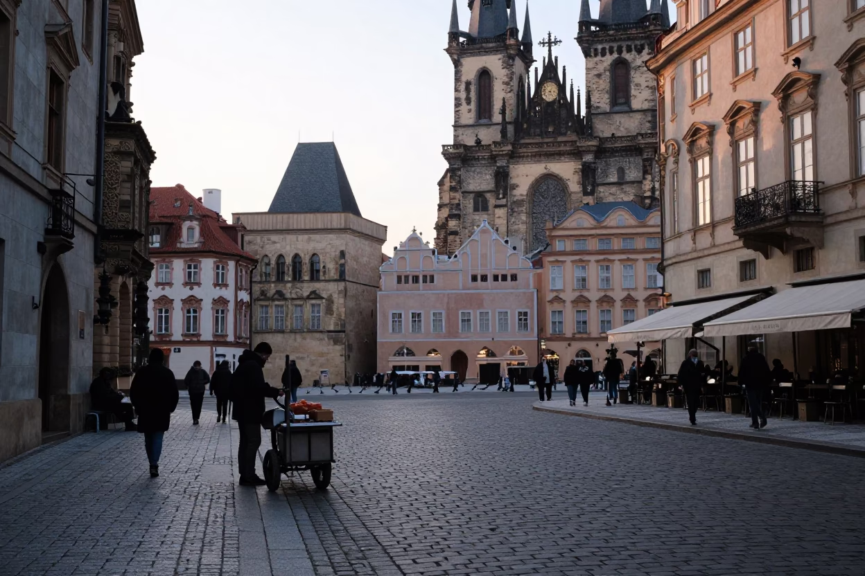 Early Morning Prague Street Scene with Cobblestones and Historic Architecture in in Prague, Czech Republic