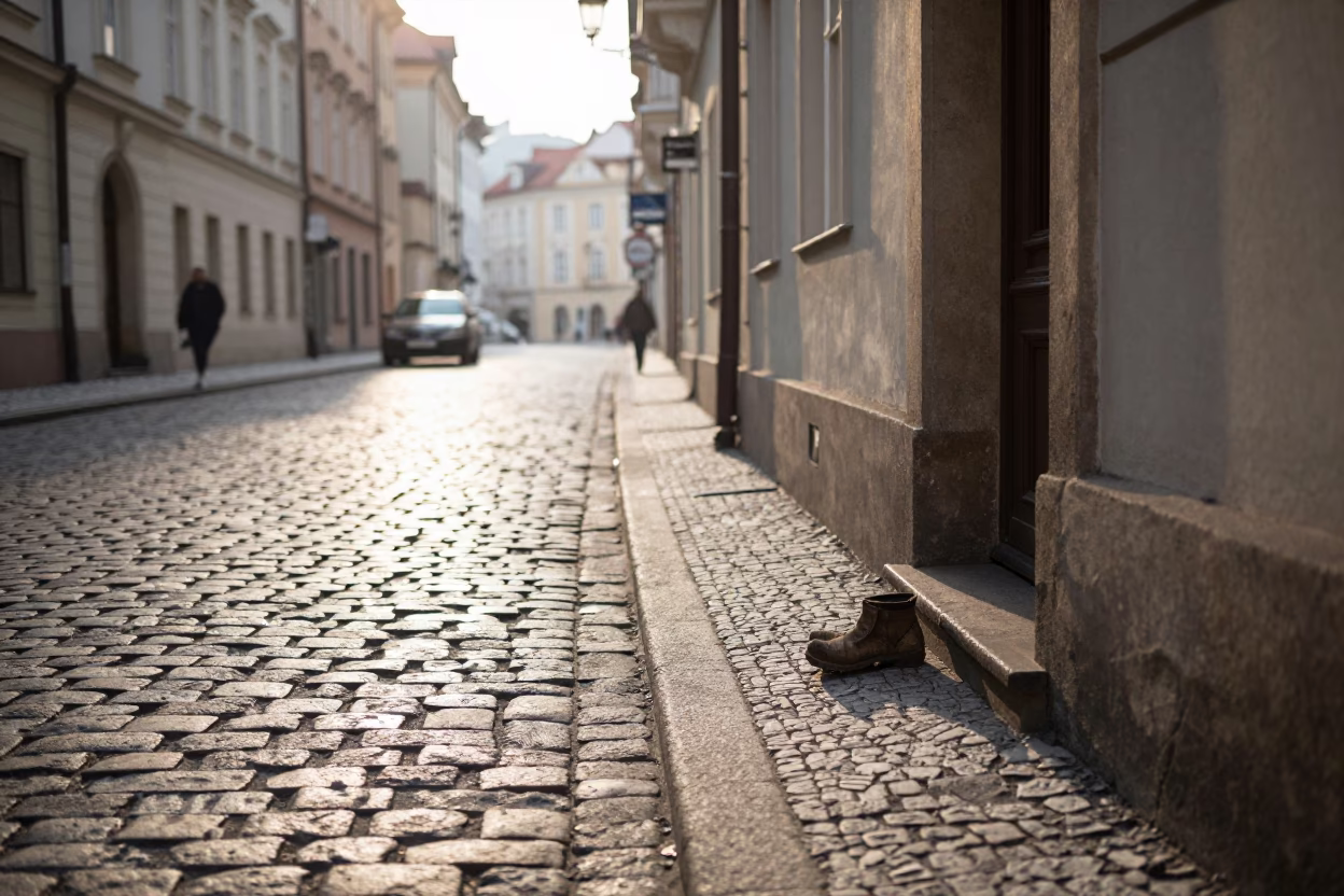 Early Morning Prague Street Scene with Cobblestones and Urban Details in in Prague, Czech Republic