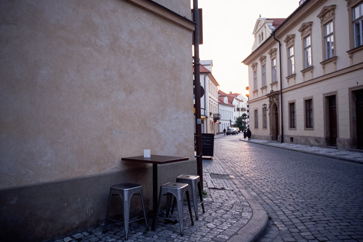 Early Morning Prague Street Scene with Cracked Stucco and Metal Stools in in Prague, Czech Republic