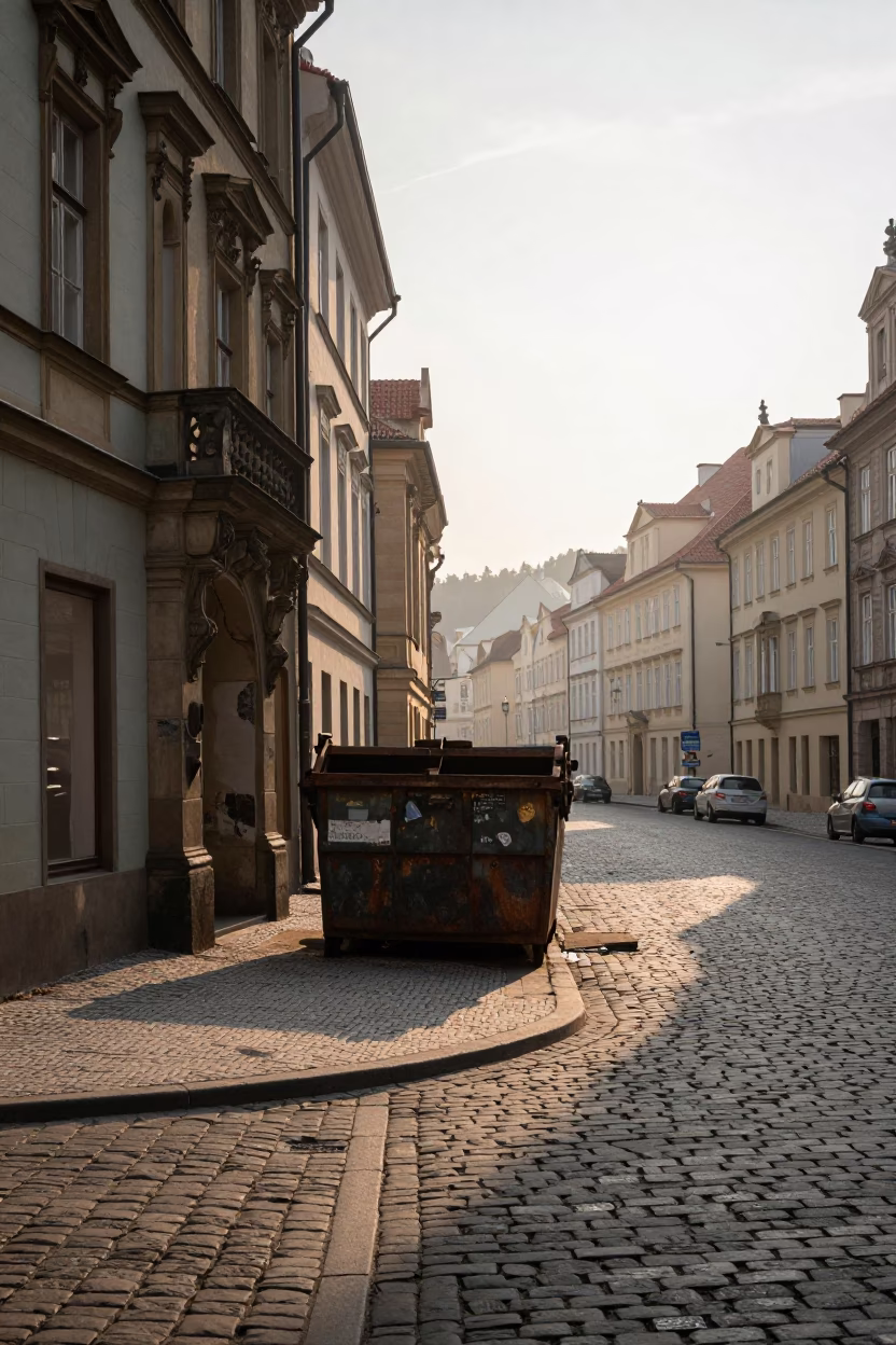 Early Morning Prague Street Scene with Demolition Dumpster and Cobblestone Architecture in in Prague, Czech Republic