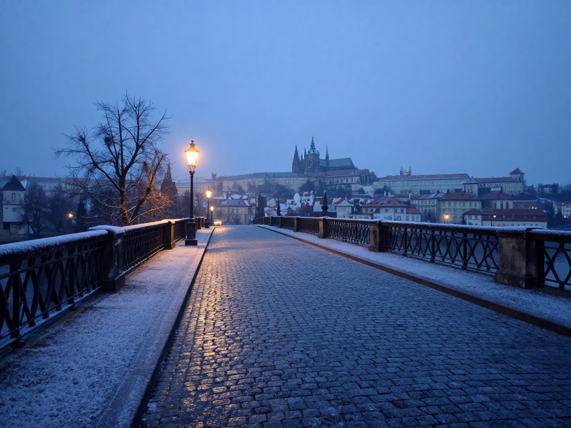 Early Morning Prague Street Scene with Frost and Vintage Details Before Dawn in in Prague, Czech Republic