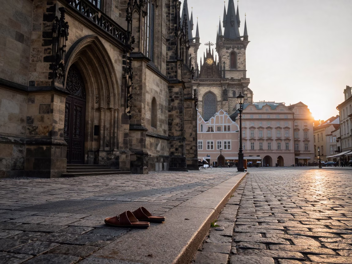 Early Morning Prague Street Scene with Gothic Architecture and Stone Pavement in in Prague, Czech Republic