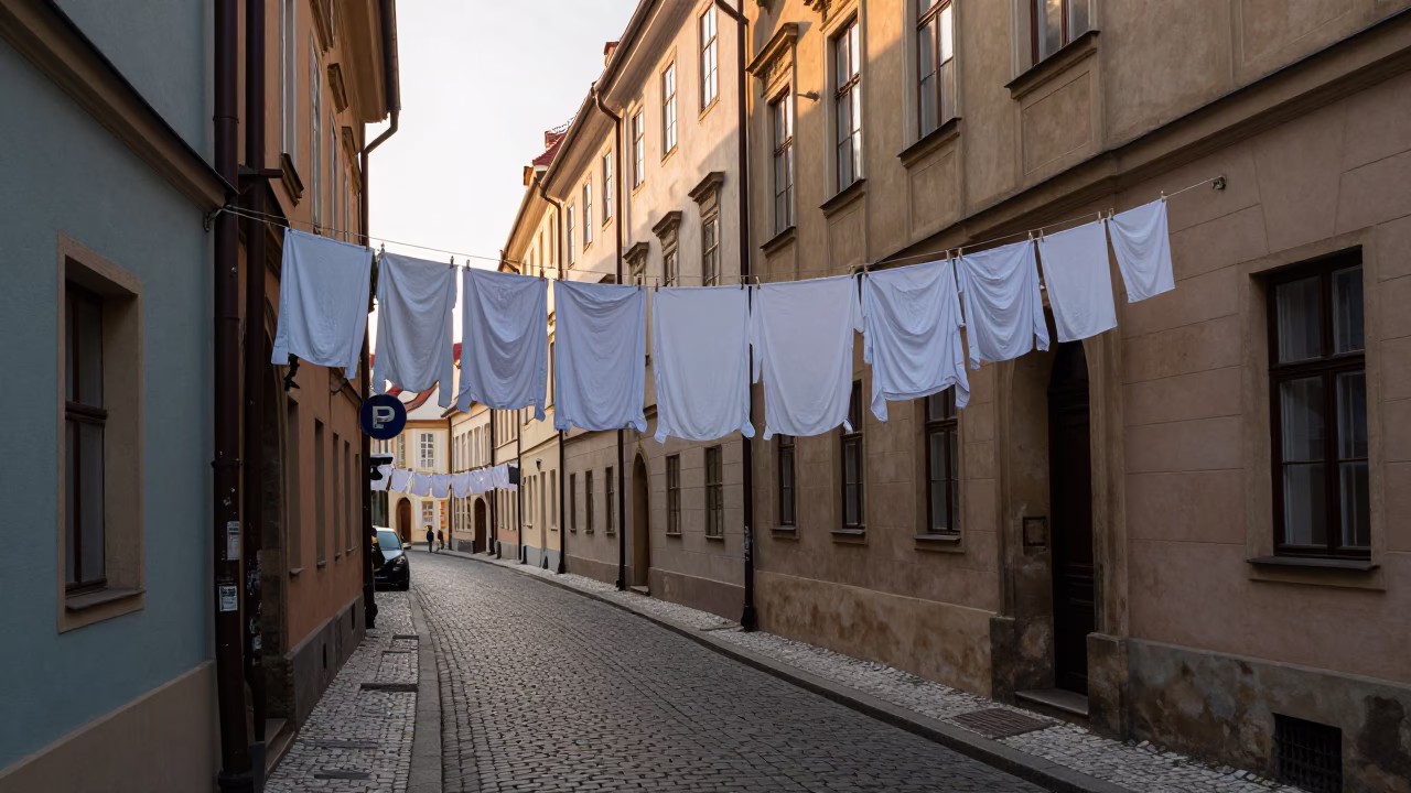 Early Morning Prague Street Scene with Hanging Laundry and Cobblestone Architecture in in Prague, Czech Republic