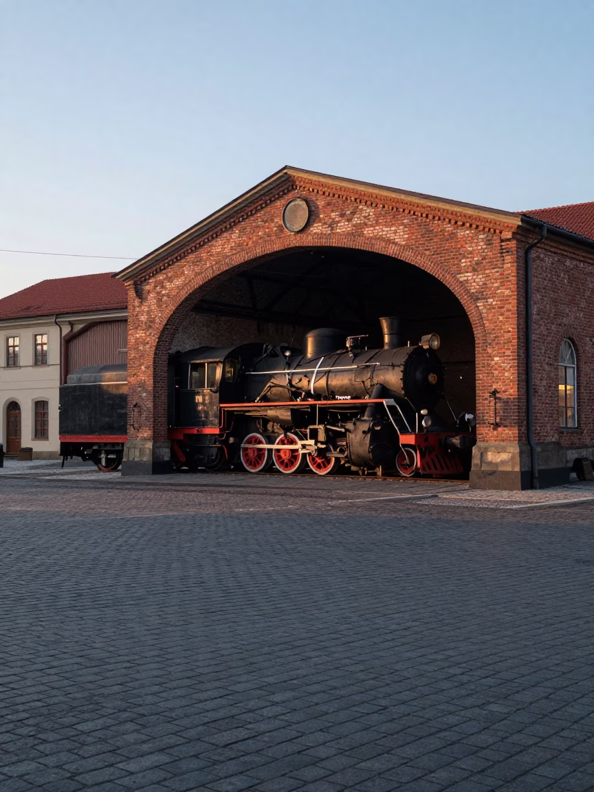 Early Morning Prague Street Scene with Heritage Steam Locomotive in Station Shed Before Dawn in in Prague, Czech Republic