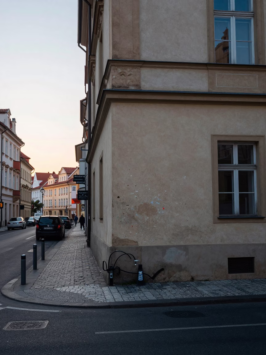Early Morning Prague Street Scene with Paint Flecks and Dogwood Blossoms in in Prague, Czech Republic