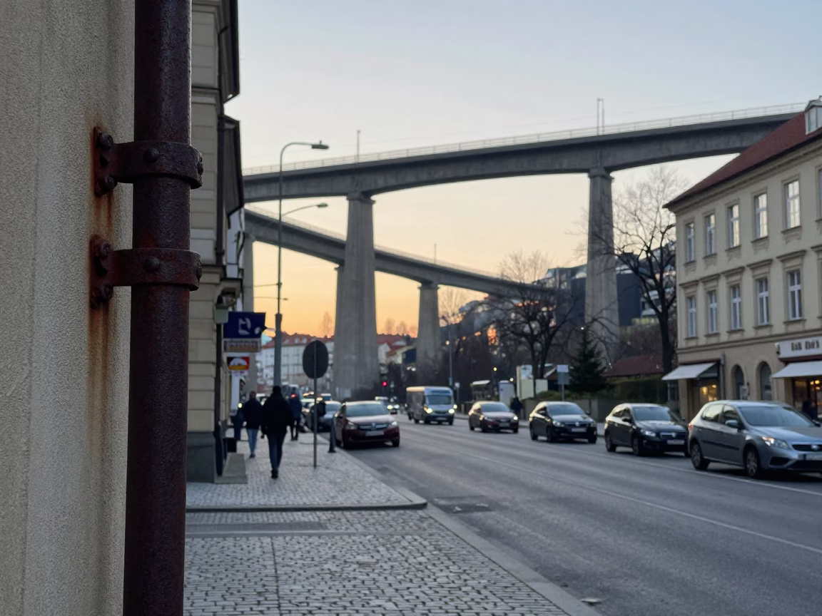 Early Morning Prague Street Scene with Rusty Latch and Concrete Viaduct in in Prague, Czech Republic