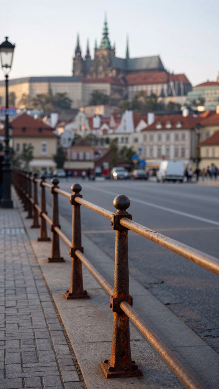 Early Morning Prague Street Scene with Rusty Rail and City Lights in in Prague, Czech Republic