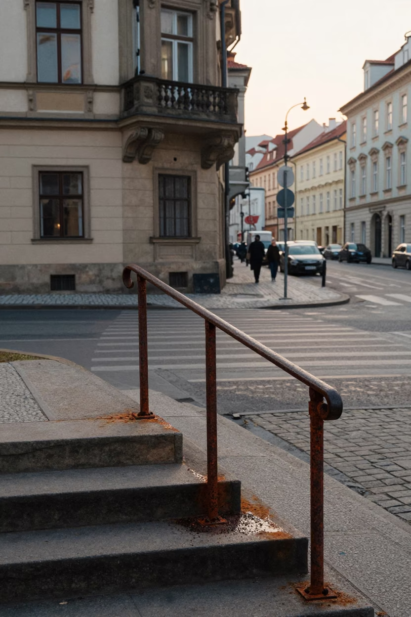Early Morning Prague Street Scene with Rusty Rail and Urban Details in in Prague, Czech Republic